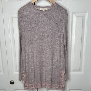 Cactus & Pearl Sweater Womens L Heather Purple Lace Trim Long Sleeve Blouse NWOT